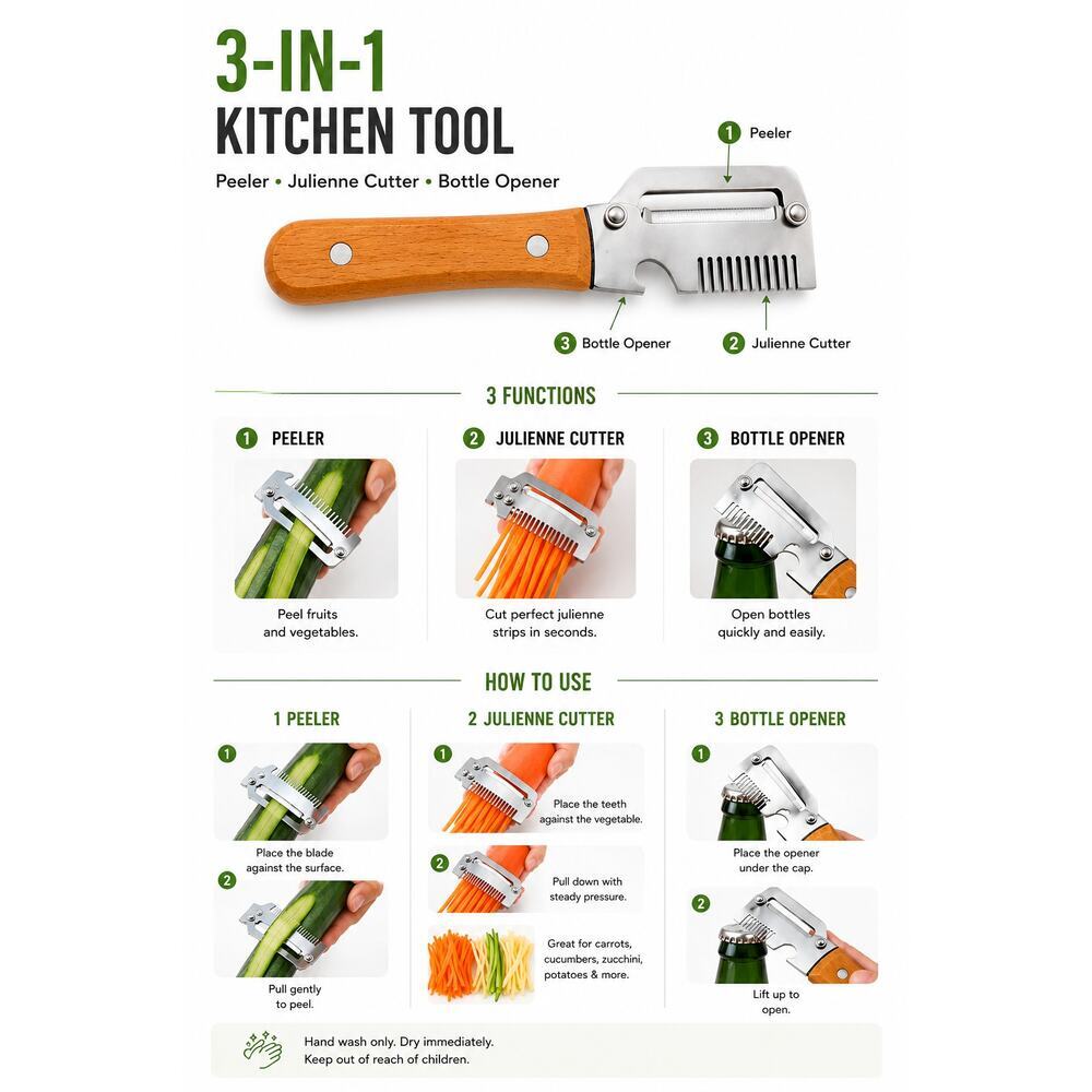 3-in-1 Kitchen Peeler Julienne Cutter Bottle Opener Stainless Steel Tool - Picture 4 of 4